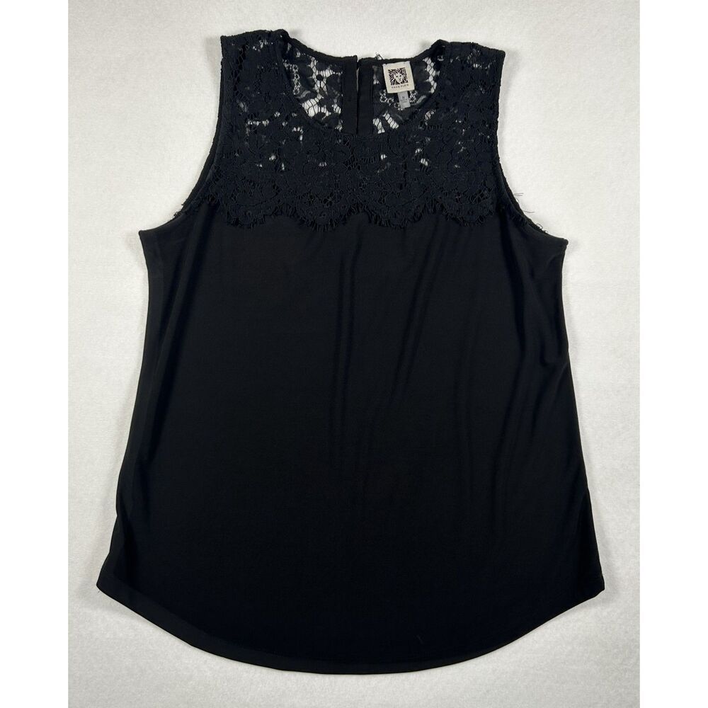 Anne Klein Black Lace Yoke Sleeveless Blouse Tank Top Gold Buttons Size M